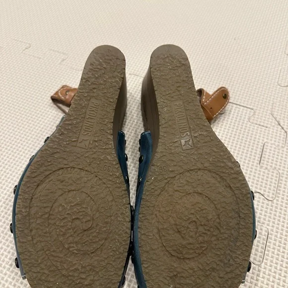 Pikolinos Mahon Blue Laser-Cut Leather Slingback Wedge Sandals Size 39 (US 8.5) - Picture 9 of 12